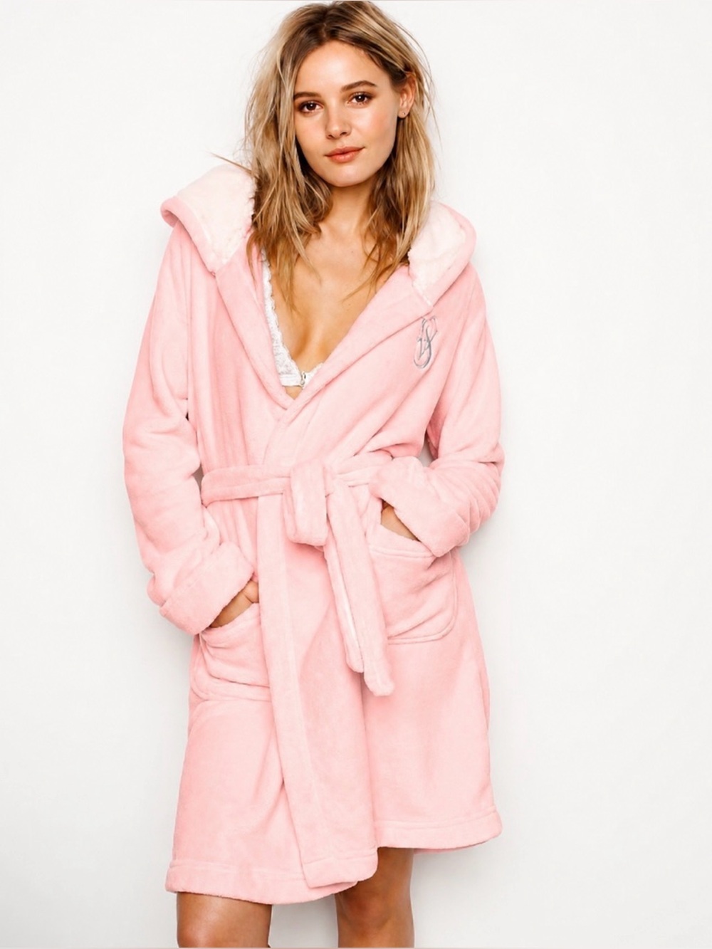 Victoria's Secret Cozy Hooded Short Robe Baby Pink Sherpa Hood Size XL